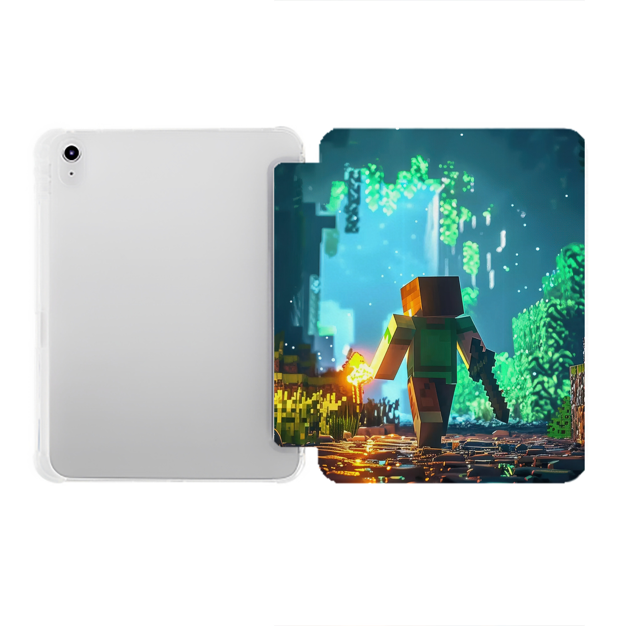 （画像用） マインクラフト ブロックの世界 Minecraft MC Block world IPad ケース ペン収納付き 三つ折りスタンド PUレザー×シリコン 対応機種9.5/10.5/10.9インチ